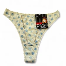 Vintage 90s Body Pride Cotton Cream Thong Blue Flowers & Butterfly Print NWT