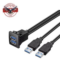 Dual Port Square USB 3.0 Panel Flush Dash Mount Extension Cable Buckle Car 1m