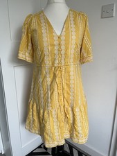 Y.A.S Yellow Cotton Embroidered Tiered Mini Dress - Size L UK 12