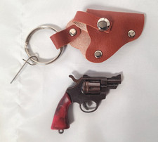 Toy Mini Cap Gun Keychain w/Brown Holster- Red Marble Handle- Load Pin- REVOLVER