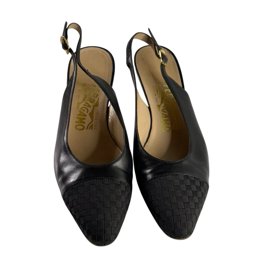 Salvatore Ferragamo Zapatos Mujer 8 Negro Tacón Bajo Tacones Tirantes Punta Tejida Foto 2 de 4