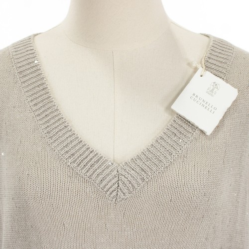 Brunello Cucinelli NWT V-Neck Sweater w/ Sequins Size XL Taupe Gray Linen/Silk - Picture 2 of 8