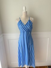 Blue & White Striped Midi Dress With Spaghetti Straps & Crisscross Back