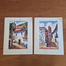 2 Signed Bahena Watercolor Paintings Taxco Mexico 1940s-50s Street Scenes