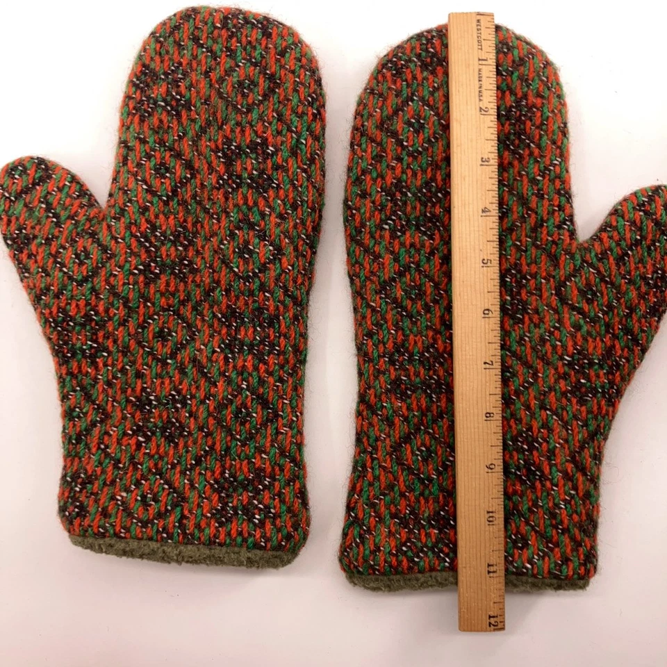 Mitones forrados de vellón tejido con patrón verde naranja marrón retro Foto 3 de 4