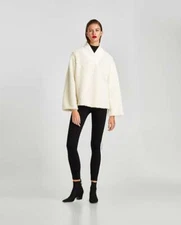 Zara faux lamb fur FURRY SWEATER WITH V-NECK-Off-white-ref 7901/287-sz L-NWT