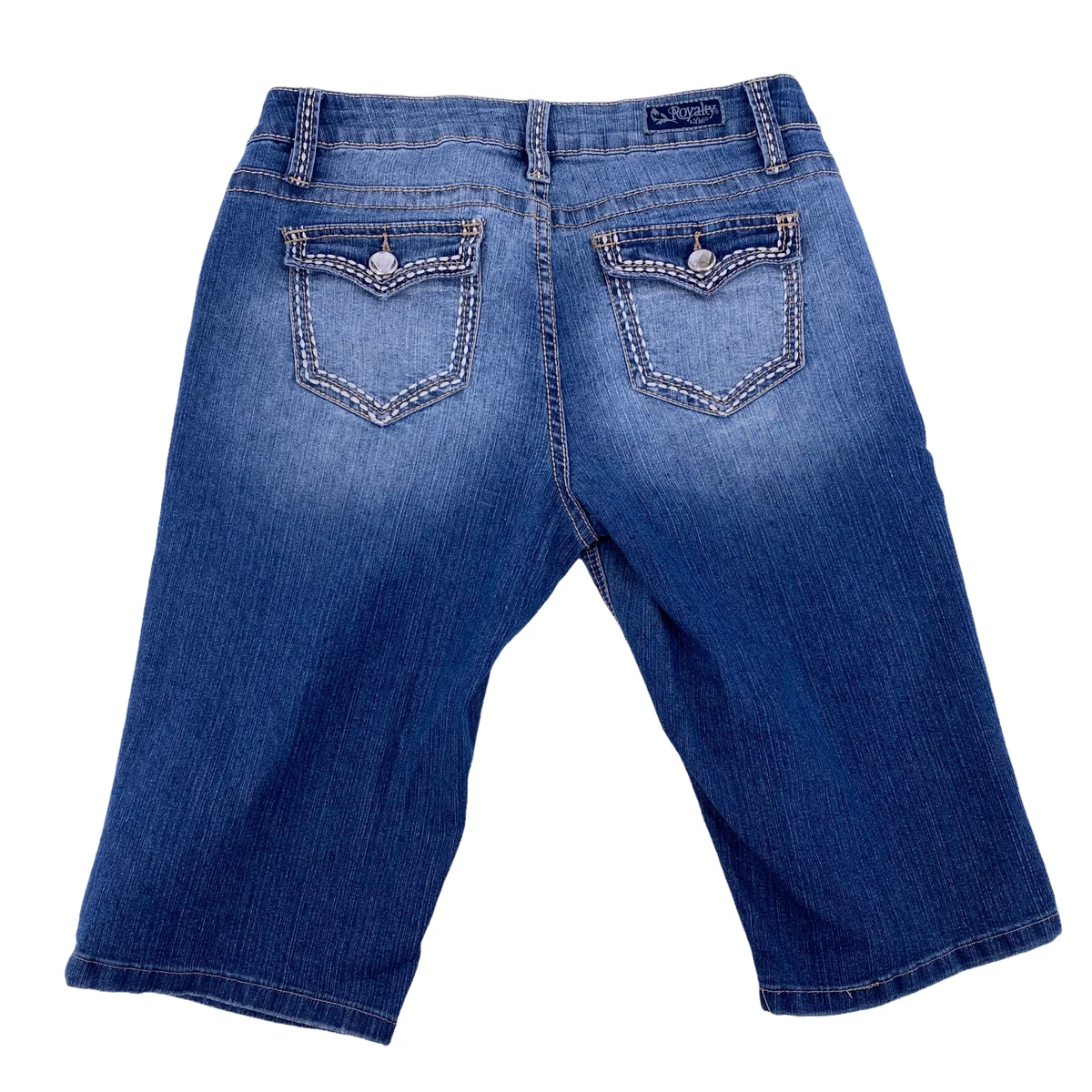 Royalty by YMI Womens Blue Denim Long Jean Shorts Size 6 Bling Pockets Stretchy