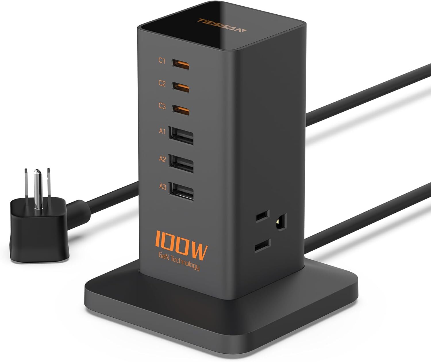 TESSAN 100W Fast Charging Station with 9 Outlets in Black – PD & AC Compatible-image