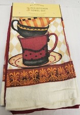 3 pc TOWELS SET, 2 Polycotton & 1 Microfiber, STACK OF COFFEE CUPS, Sunrise