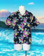 GITANO All Over Print FLORAL Print  Black Pink Yellow Shirt Top Size Medium VTG
