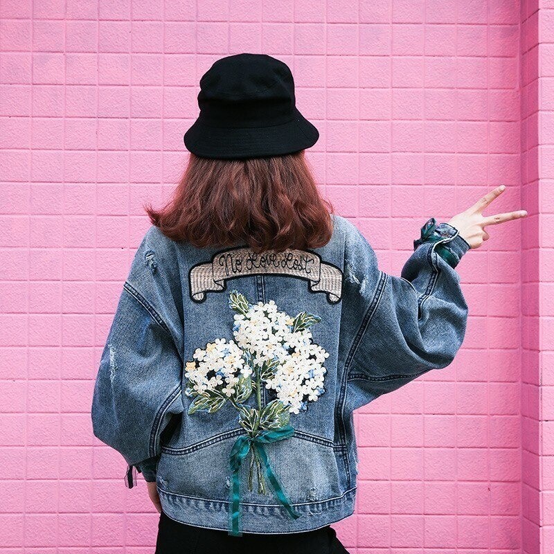Floral Distressed Loose Denim Jacket Flower Embroidery Tattered