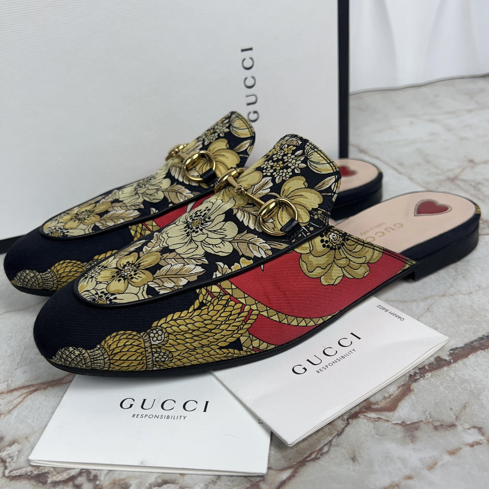 Gucci Princetown Horsebit Mule plat imprimé floral tissu multicolore 8 US