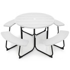 Outdoor 8-person Round Picnic Table Bench Set w/ Umbrella Hole & 4 Benches White