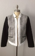 Chicos Open Front Jacket Quilted Mix Tweed Pattern Black  White Size 1 Med NWT 