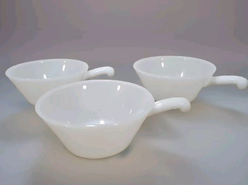 3 Vintage Anchor Hocking Fire King White Milk Glass Bowls w/Handles 5" Soup Oven