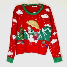 Hooked Up Womens Sweater Size Large Ugly Christmas Santa llama Sequin Tree