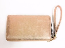 NEW REBECCA & RIFKA METALLIC ROSE GOLD CANVAS,DUAL ZIP AROUND WALLET,WRISTLET