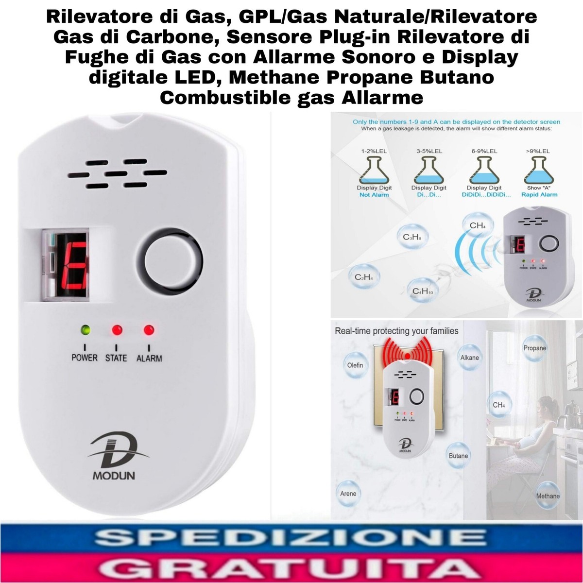 Sollbry Rilevatore Di Perdite Di GPL/gas Naturale/gas Di Carbone Monitor Del Sensore Plug In Con Allarme Acustico E Display Digitale A Led Per Carburante Metano Propano Butano 85460069 Sollbry Rilevatore Di Perdite Di GPL/gas Naturale/gas Di Carbone Monitor Del Sensore Plug In Con Allarme Acustico E Display Digitale A Led Per Carburante Metano Propano Butano 85460069