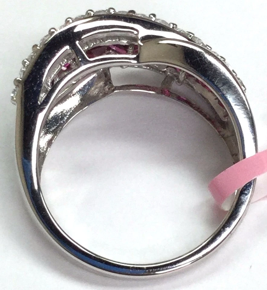 Sterling Silver 925 Princess Pink Ruby CZ Cluster Wave Split Band Cocktail Ring  - Image 4 of 4