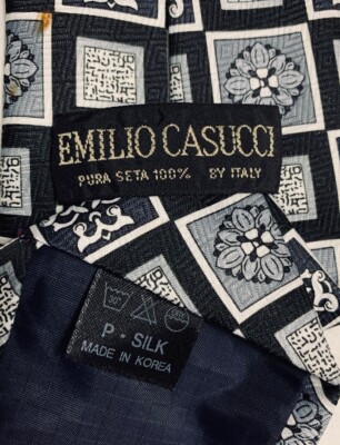 Emilio Casucci by Italy Silk Neck Tie Mens Gray Black White Block Print Designer