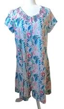 Go Softly Patio Dress Sz M Full Zip Kaftan Mumu  Multi Color Beaded Tropical