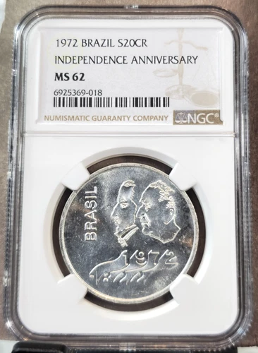 1972 BRAZIL SILVER 20 CRUZEIROS INDEPENDENCE ANNIVERSARY NGC MS 62 NICE COIN