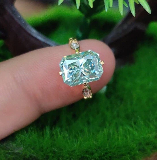 light Green Moissanite Engagement Ring 1.75 Ct Radiant Cut 14k