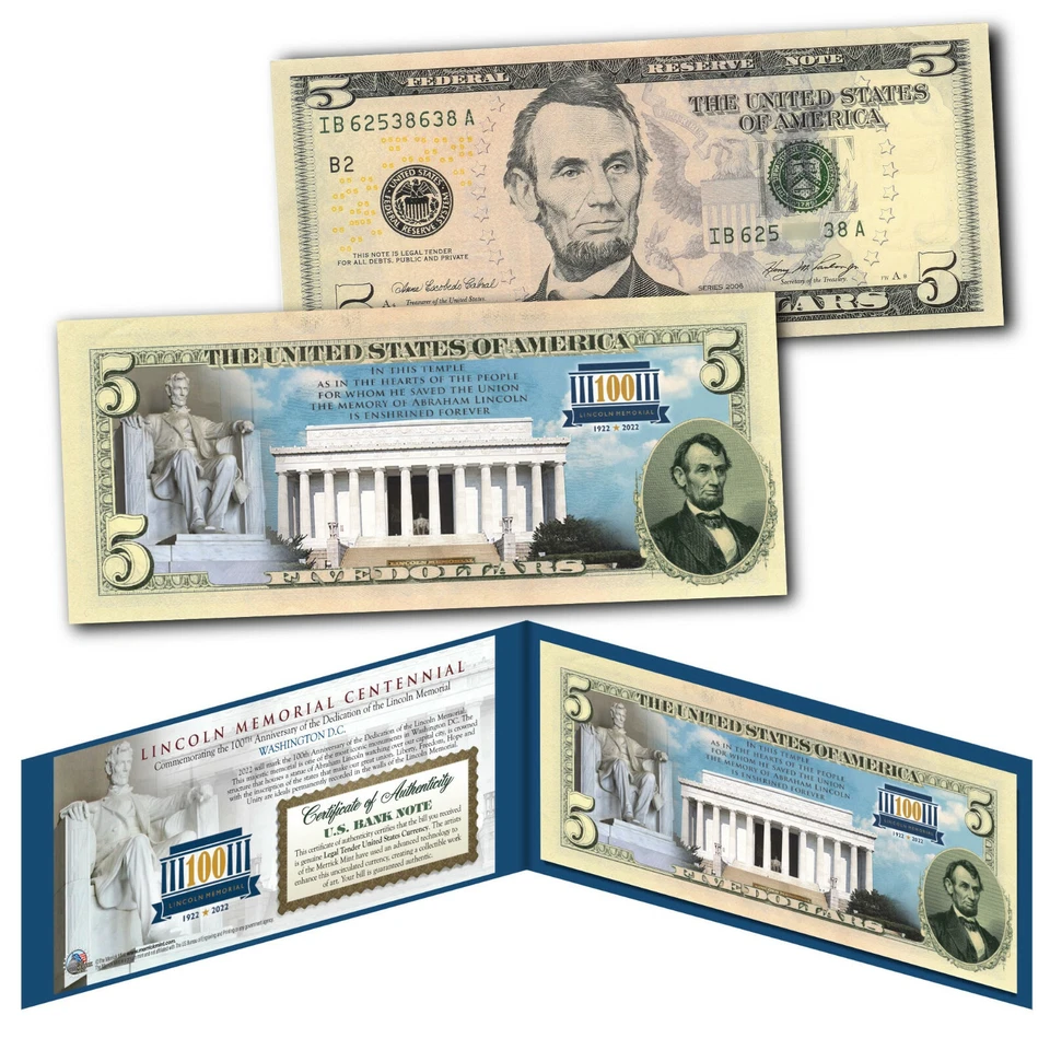 LINCOLN MEMORIAL 100th ANNIVERSARY National Park 1922-2022 Genuine U.S. $5 Bill - Image 3 of 3