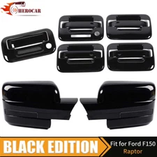 For 2009-2014 Ford F150 GLOSS BLACK 4 Door Handle COVERS w/PSK+Mirrors+Tailgate