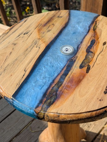 25" Hand Carved Wood Blue Epoxy Table Adjustable Feet, Benefits Animal Sanctuary - Picture 8 of 24