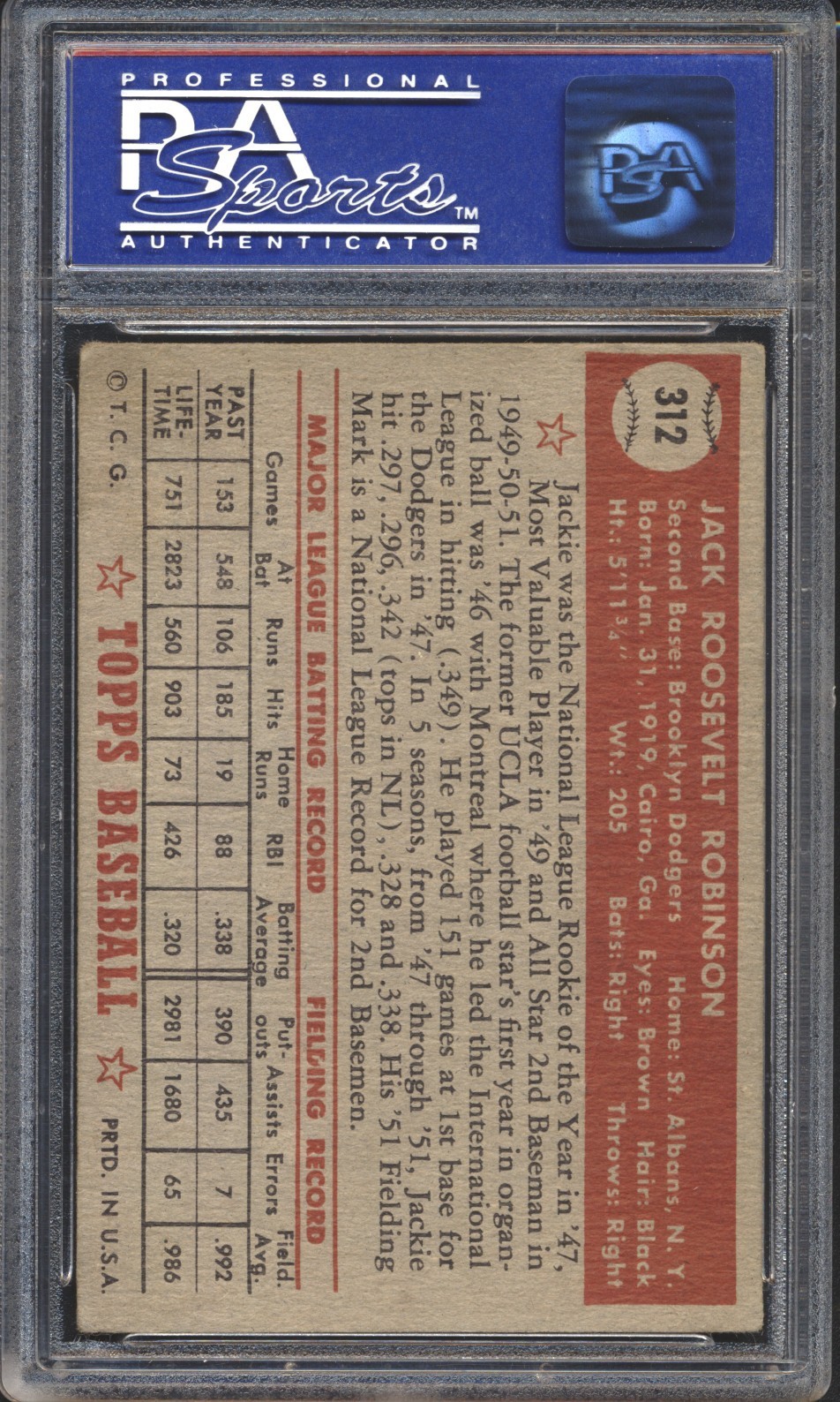 1952 Topps Baseball Jackie Robinson #312 PSA 3 DODGERS HOF High Number SET BREAK view 2