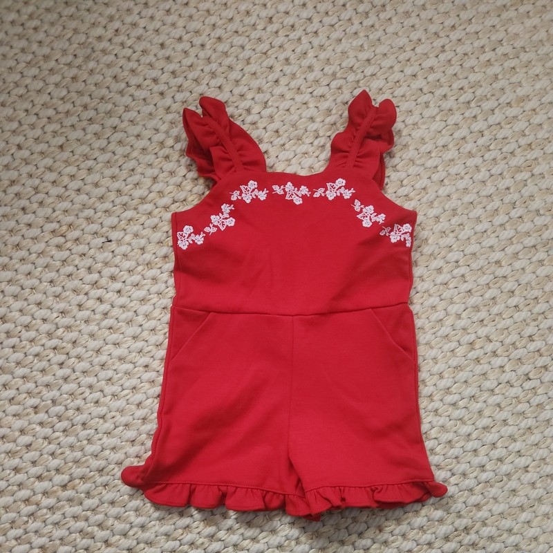 Janie and Jack Sz 3 Red Romper Embroidered Floral Ruffle Trim Sleeveless Summer