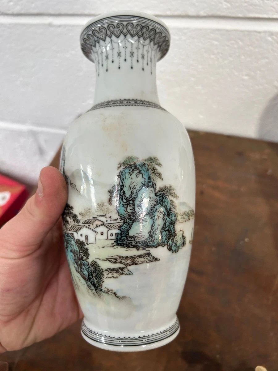 Oriental Style Porcelain Vase Hand Painted Landscape Blue Green