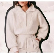 Sezane Womens Ecru Baby Alpaca Blend Micky Sweater Sz M Parisian Chic Quiet Luxe