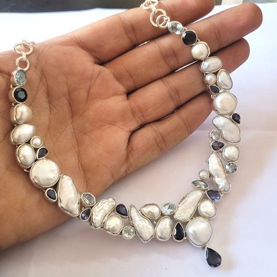 Handmade Pearl with Iolite & BT  Gemstone 925 Silver Necklace Elegant Jewelry