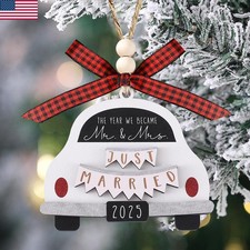 Just Married 2025 Wedding Car , Double-layer Carved Wooden Christmas Ornament US