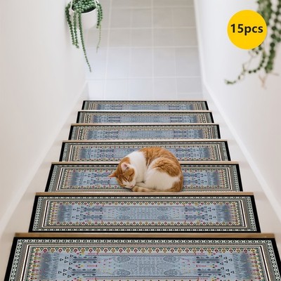 15pcs of Light Blue Textured Patterned Printed Stair Mats, Non-Slip Stair Carp