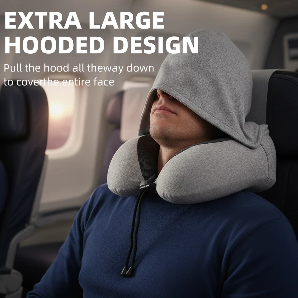 Travel Pillow with Hood 360 Neck Support Memory Foam Neck Pillow Airplane Trips