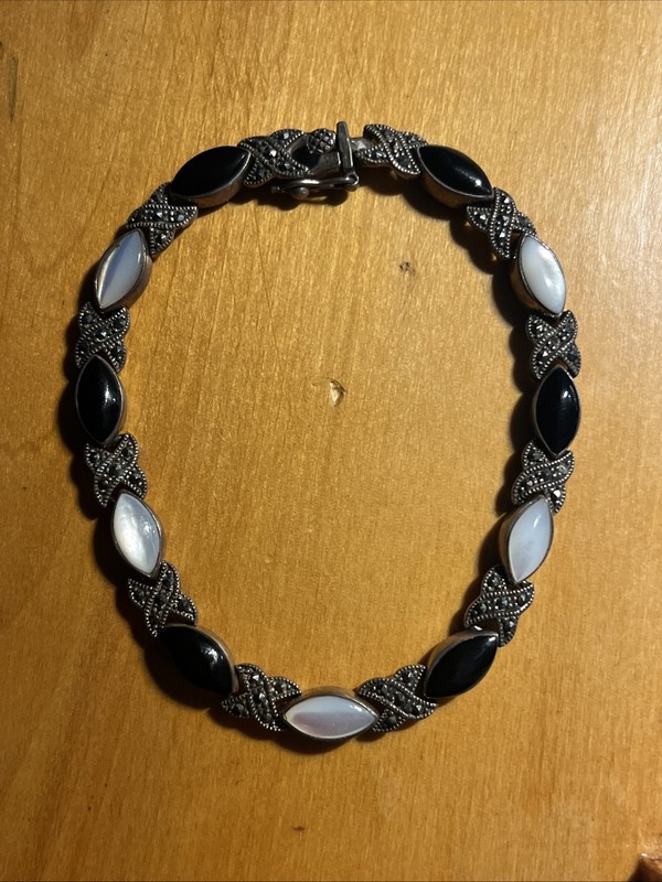 Sterling Silver Onyx/Mother Of Pearl/Marcasite Bracelet - 8 Inches