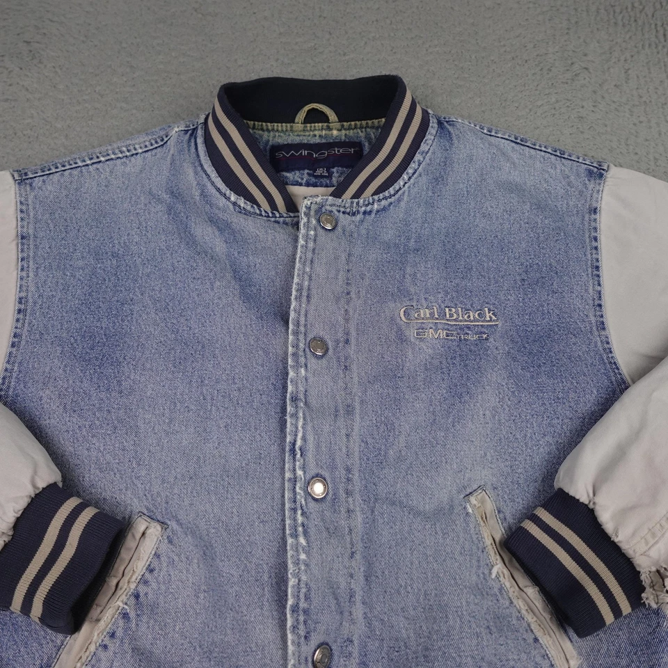 Jaqueta jeans vintage Swingster masculina XL GMC caminhão Varsity bombardeiro anos 90 Thrashed - Imagem 4 de 4