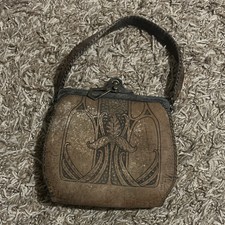 Vintage Art Nouveau Frame Leather Purse Beige Brown Ornate Handle Clasp