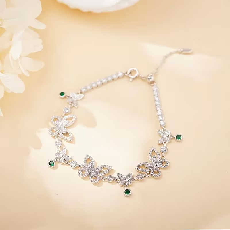 12Ct Rund Cut Real Moissanite Butterfly Bracelet 14K White Gold Plated Silver