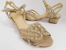 CHARLOTTE OLYMPIA Beige Suede Leather Crystal Jeweled Strappy Heels Sandals 36.5