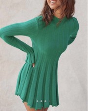 Free People Beach Green Ribbed Knit Mini Dress, Long Sleeve, Mock Neck, S