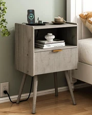 Nightstand with Outlet,Modern Bedside Table with Storage Drawer and Open Wood...