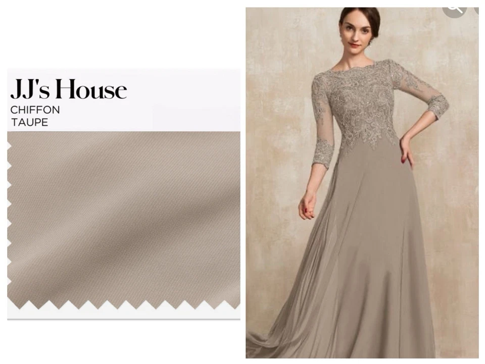 JJs House TAUPE MOB A linha colher comprimento do chão lantejoulas de renda chiffon manga 3/4 ~ 6 - Imagem 2 de 4