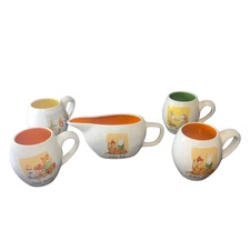 Rae Dunn Fall Woodland Mug Set & Gravy Boat Cozy Autumn Critters Magenta 5 Piece