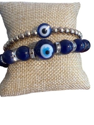 Set of 2 Evil Eye Beaded Bracelet Gold Tone Blue Glass Stretch Stack 6.5'' 6.75''