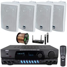 Pyle AM/FM Audio Display Receiver, 4x 4" 200W Indoor/Outdoor Speaker, Mic System