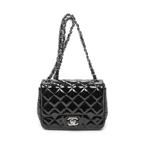 Chanel Black Mini Classic Square Flap Shoulder Bag Quilted Patent Leather